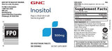 Etiqueta de GNC Inositol 500 mg con dosis y beneficios visibles.