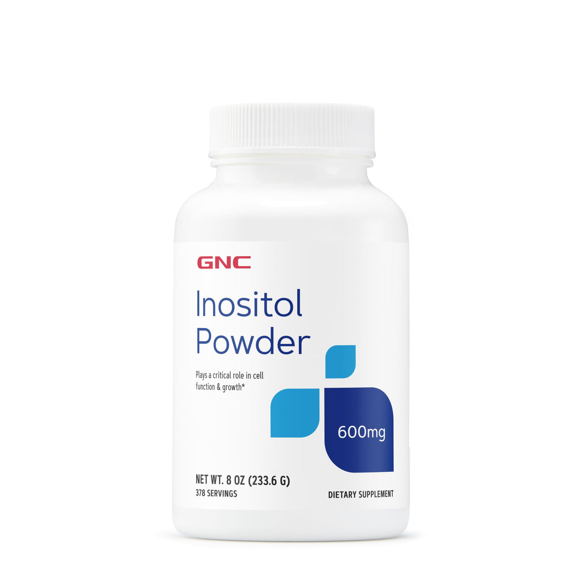 GNC Inositol en polvo 600 mg, botella mostrada, apoyo a la función celular.