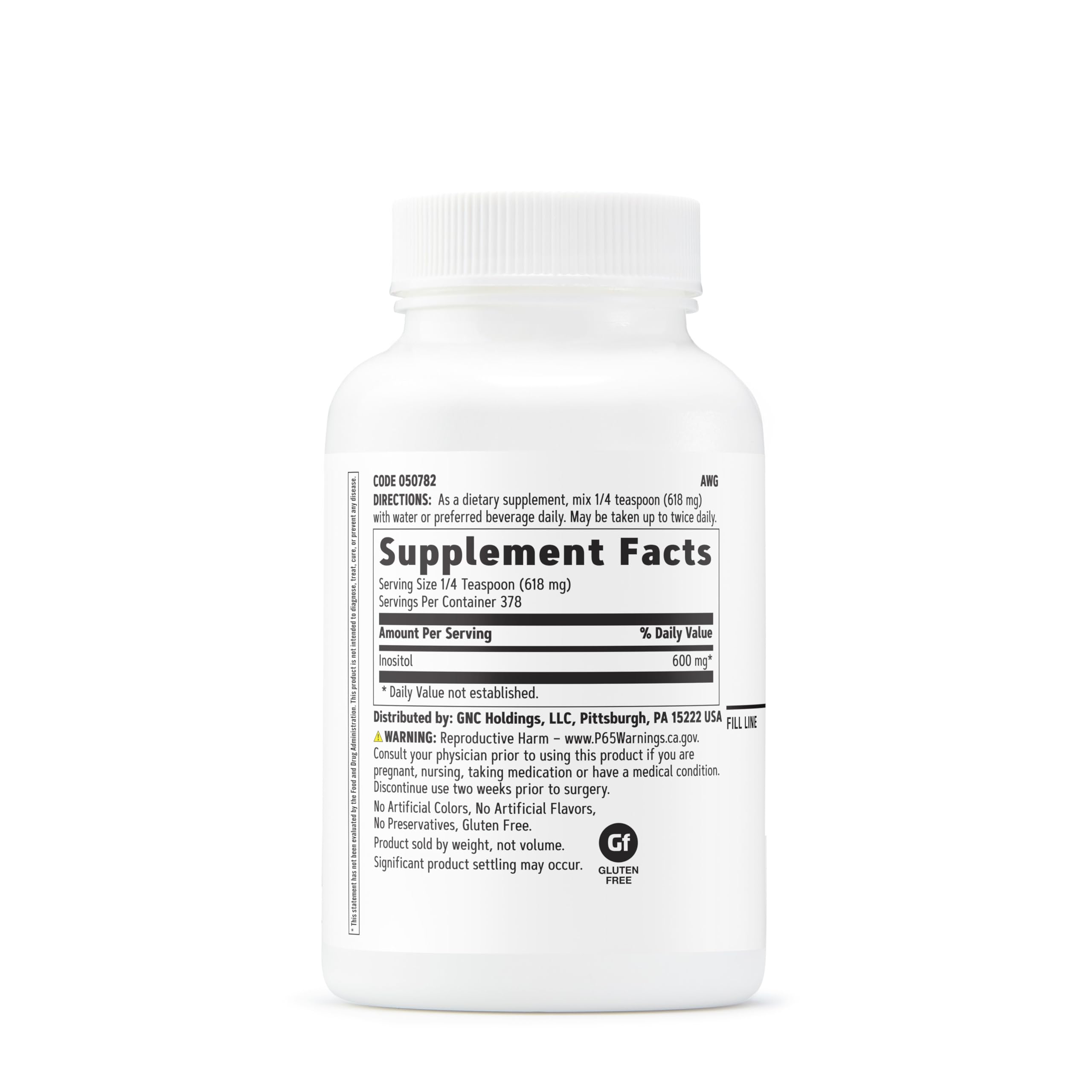 GNC Inositol en polvo 600 mg, dosis diaria lista para mezclar en batidos.