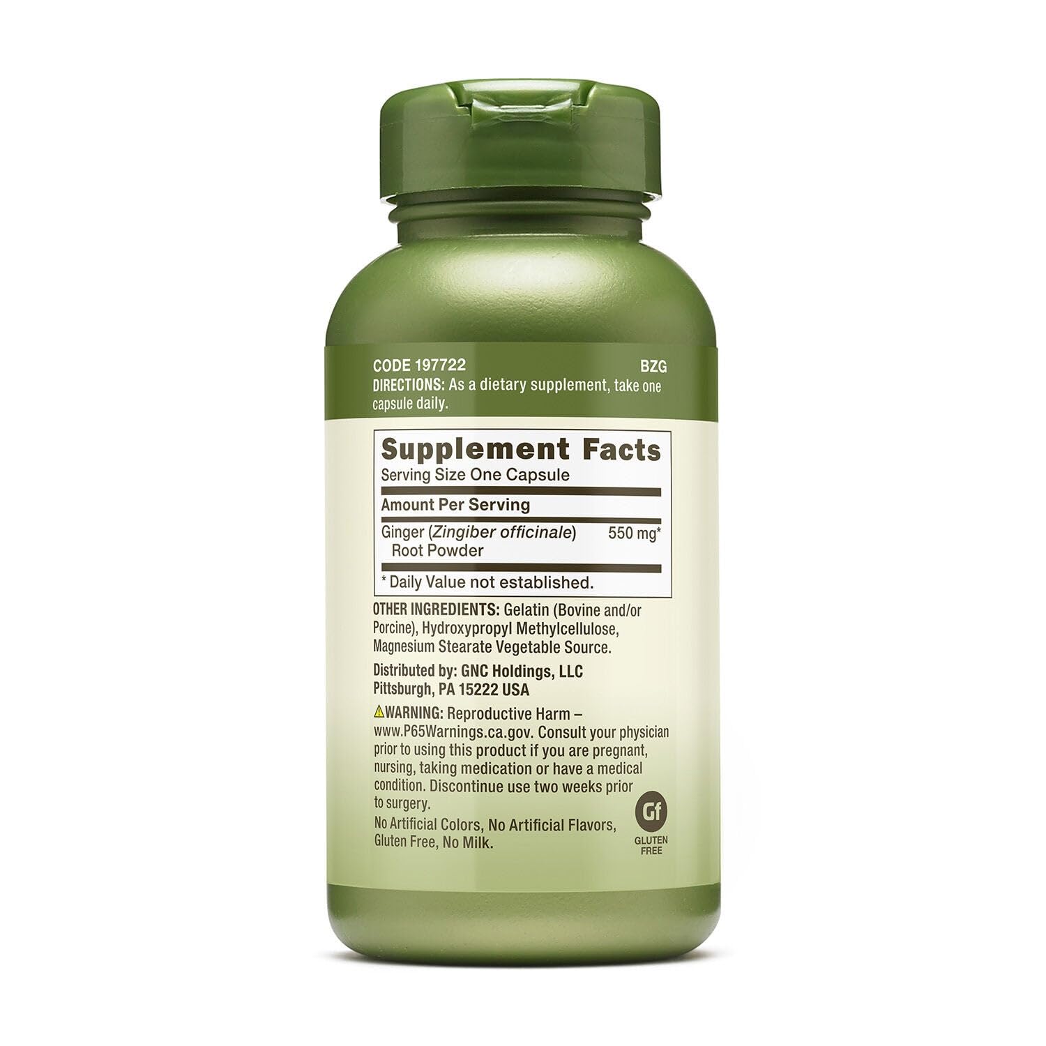 GNC jengibre raíz 550 mg en primer plano para salud digestiva