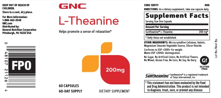 GNC L-Teanina 200 mg, cápsulas alineadas para consumo diario