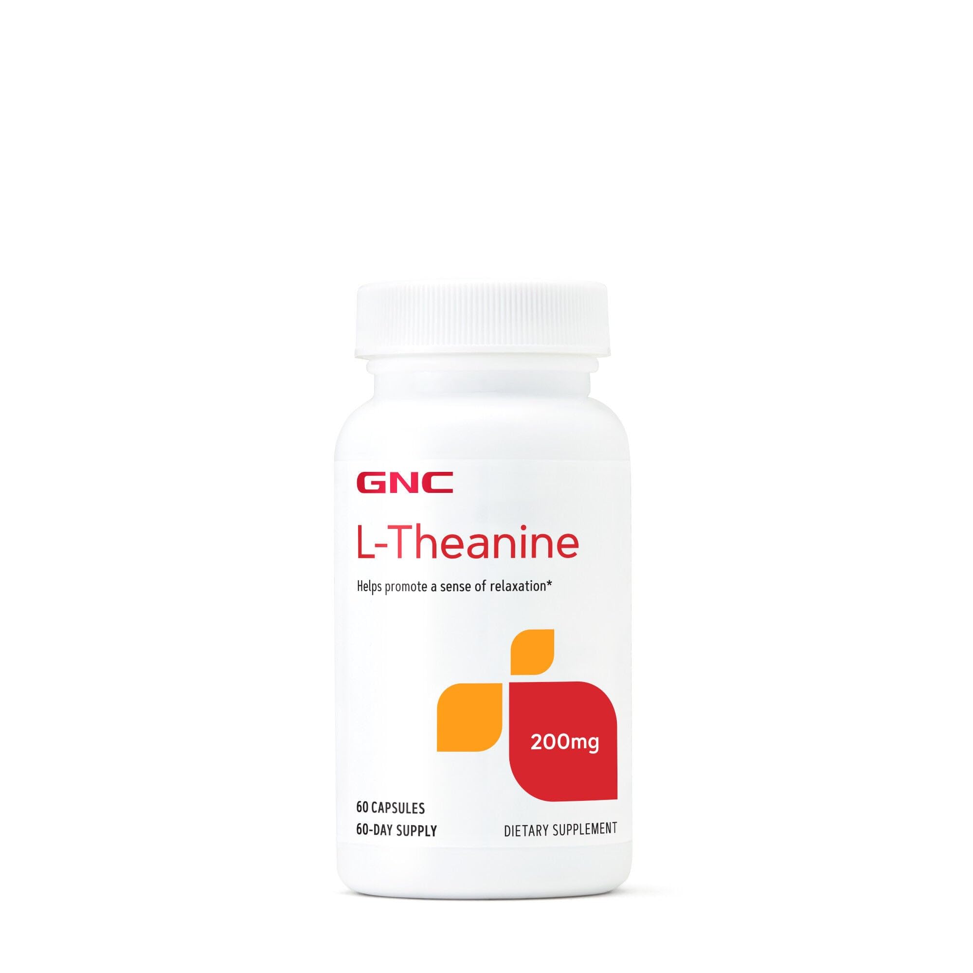 GNC L-Teanina 200 mg frente a la botella, promueve relajación para días ocupados
