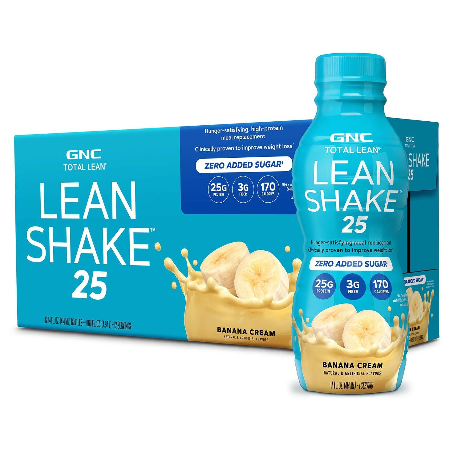 GNC Lean Shake 25 Banana Cream, botella lista para reemplazo de comida rápido.