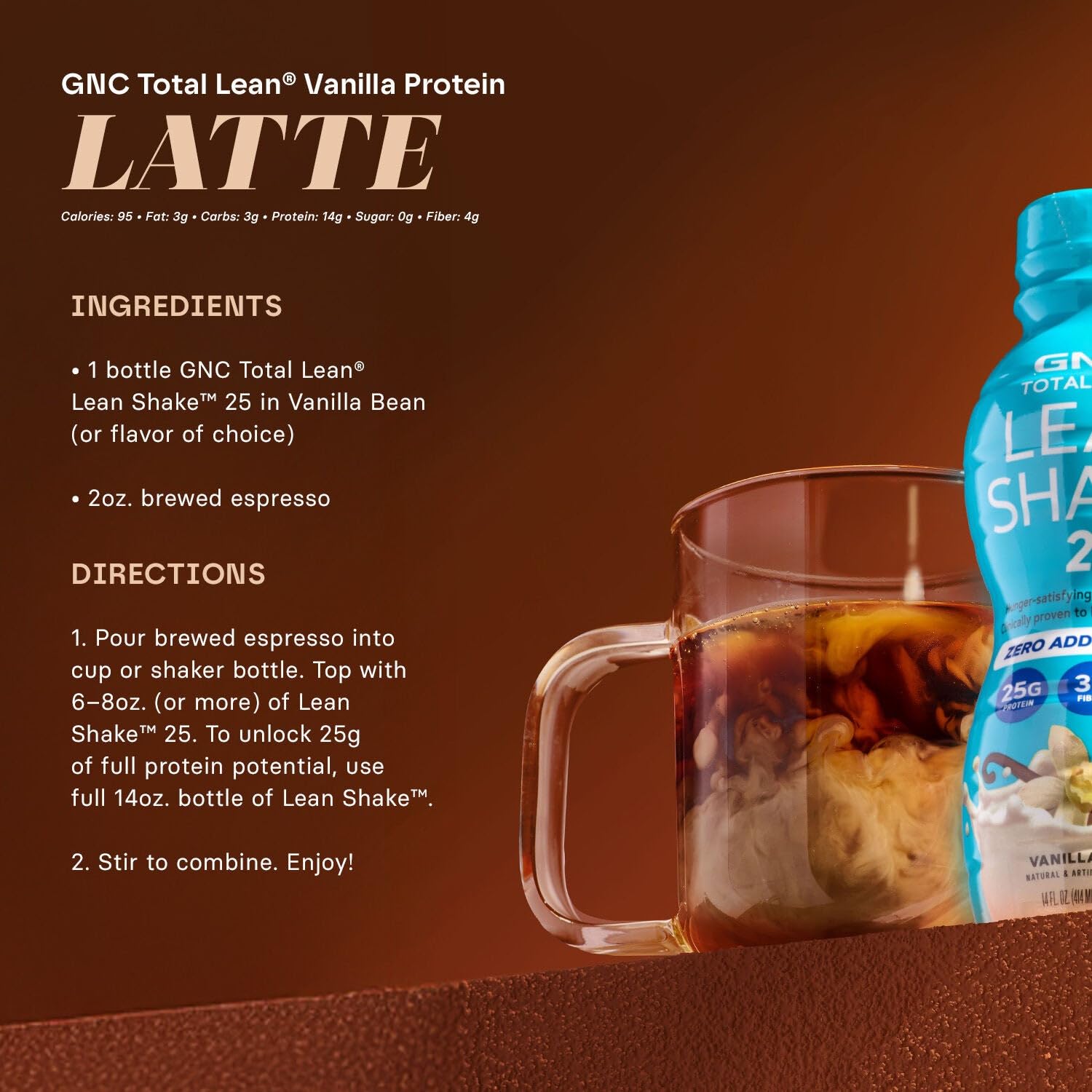 Etiqueta nutricional de GNC Lean Shake 25 con 25 g proteína por porción.