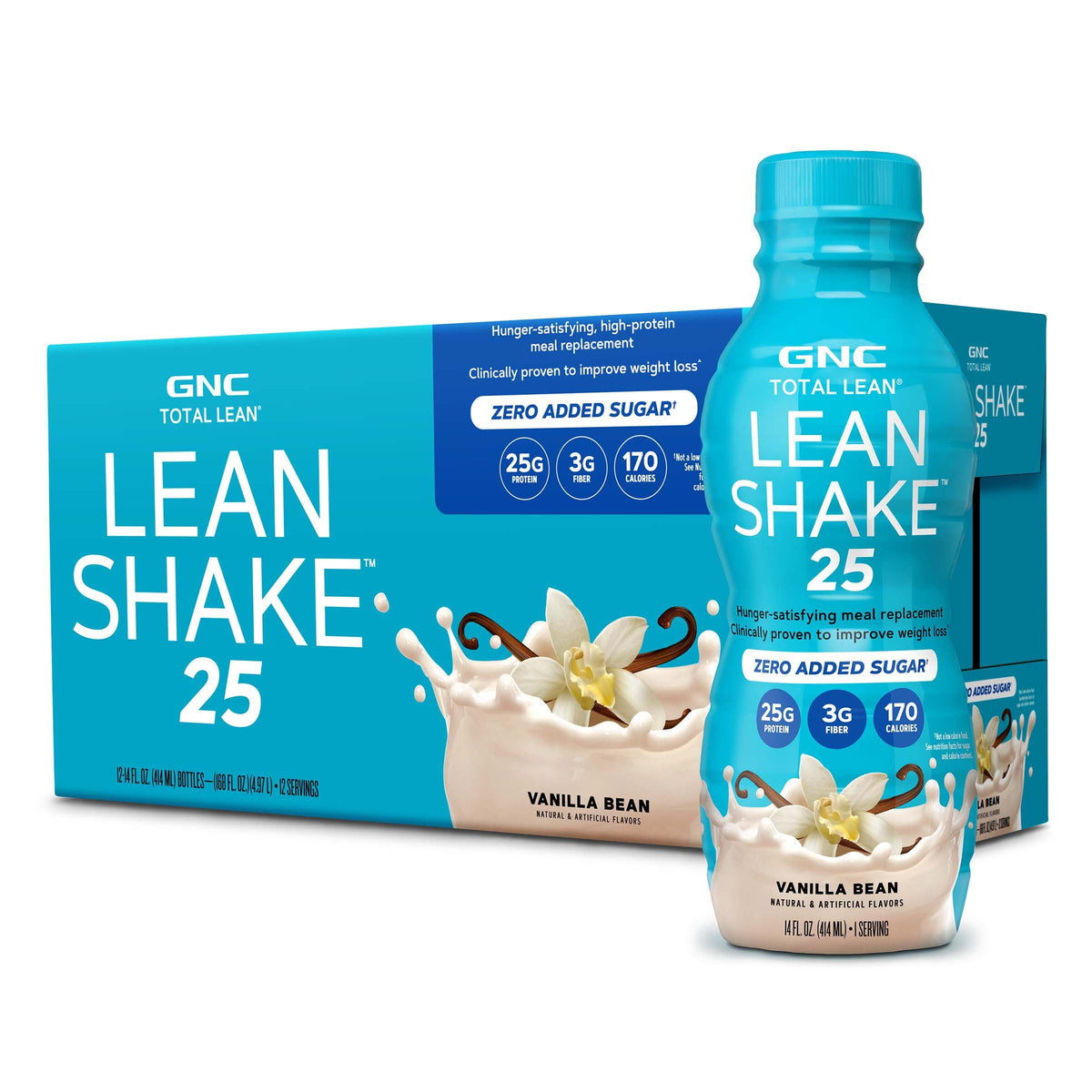 Botella de GNC Lean Shake 25, experiencia proteica lista para tomar y saciante.