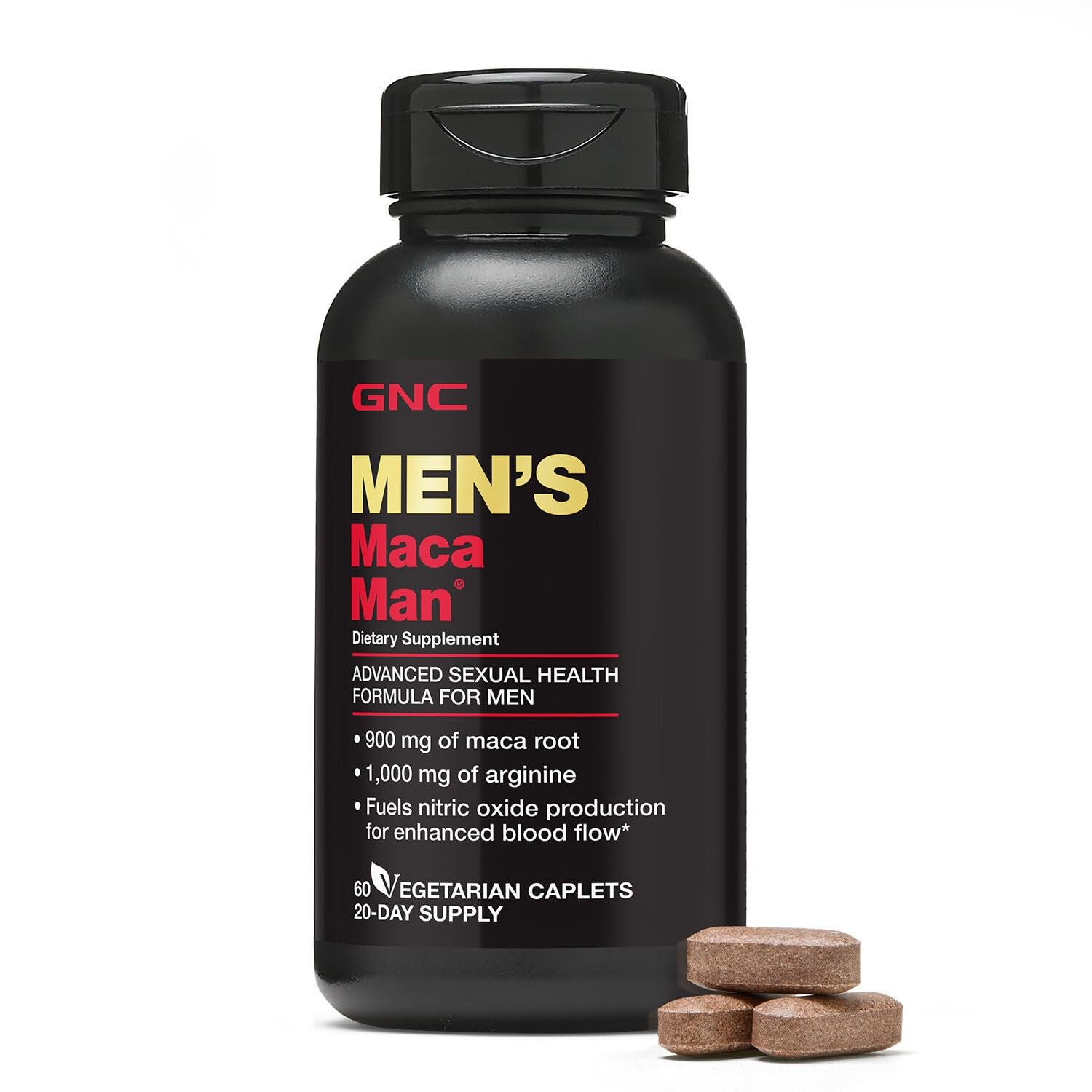 GNC Maca Man: botella cerrada con cápsulas vegetarianas para energía diaria.