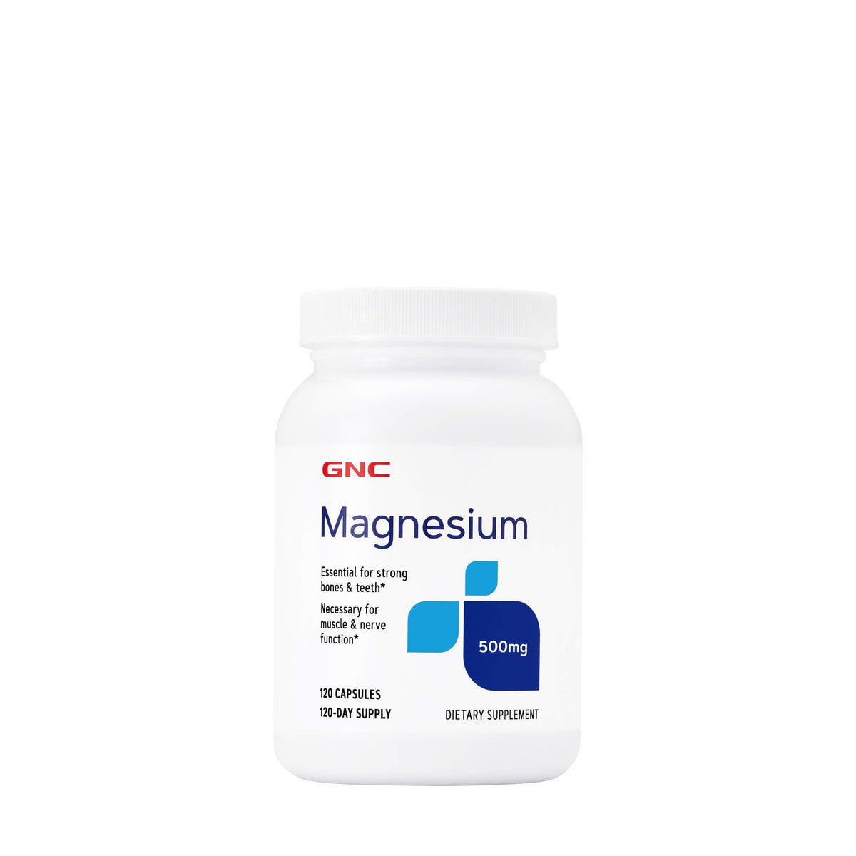GNC Magnesium 500 mg, botella de cápsulas, favorece la absorción de calcio para dientes y huesos fuertes.
