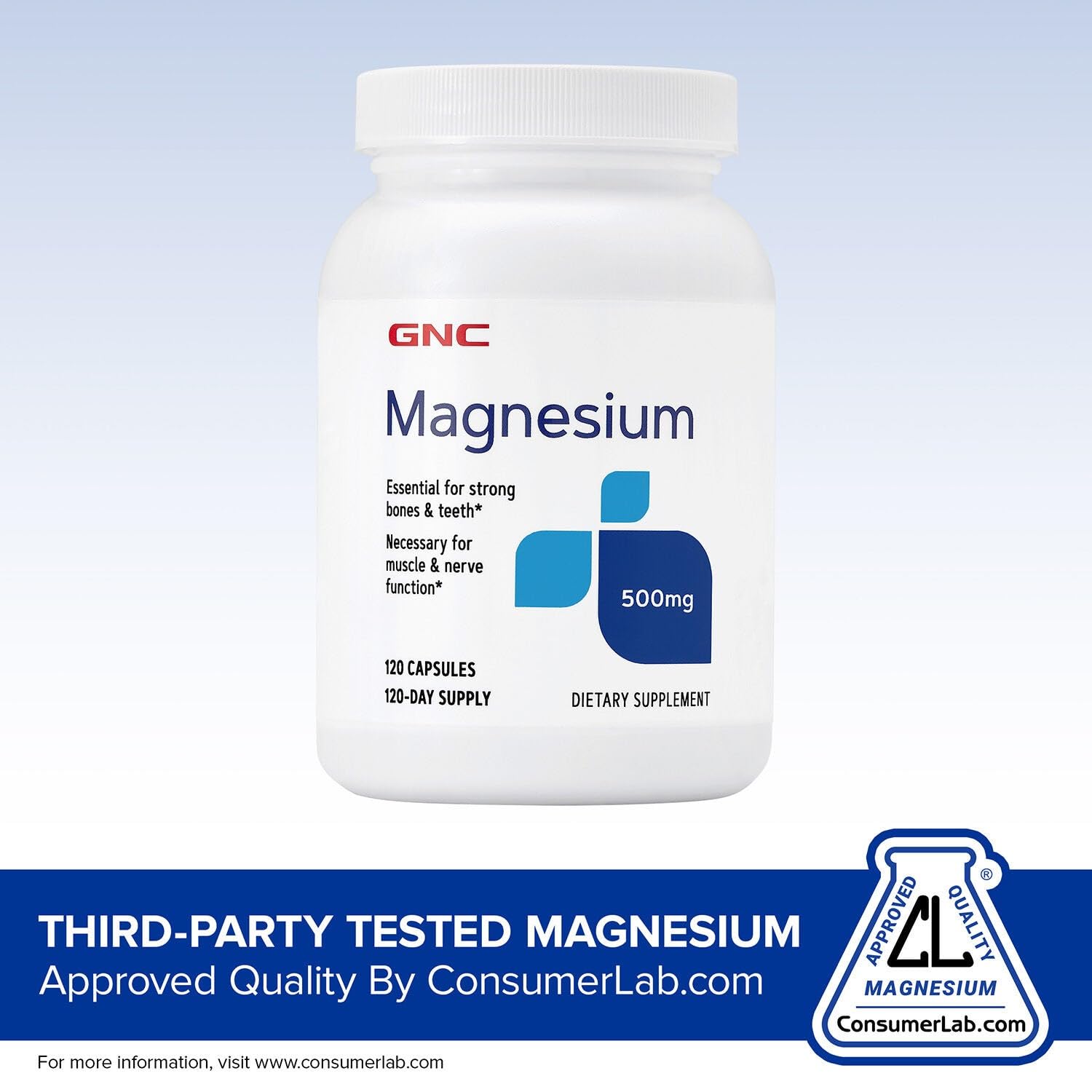 GNC Magnesium 500 mg, envase compacto, fácil de incorporar sin gluten ni lácteos.
