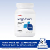 GNC Magnesium 500 mg, envase compacto, fácil de incorporar sin gluten ni lácteos.