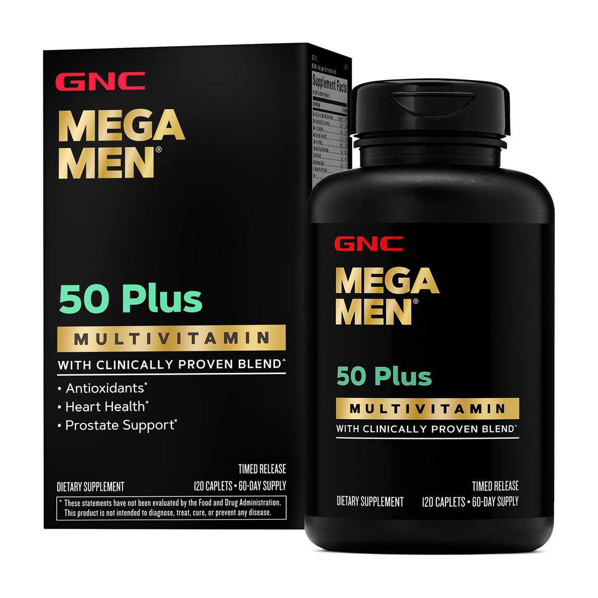 GNC Mega Men 50 Plus: botella y etiqueta para reconocer el envase fácilmente.