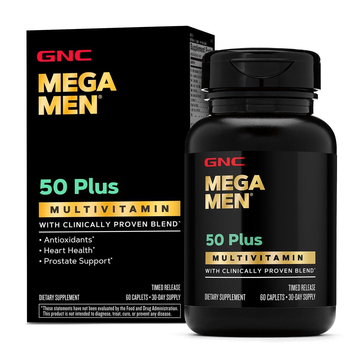 GNC Mega Men 50 Plus, empaque visible, apoyo nutricional diario para energía sostenida.