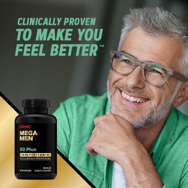 GNC Mega Men 50 Plus, vitamina D3, ayuda al mantenimiento de huesos.