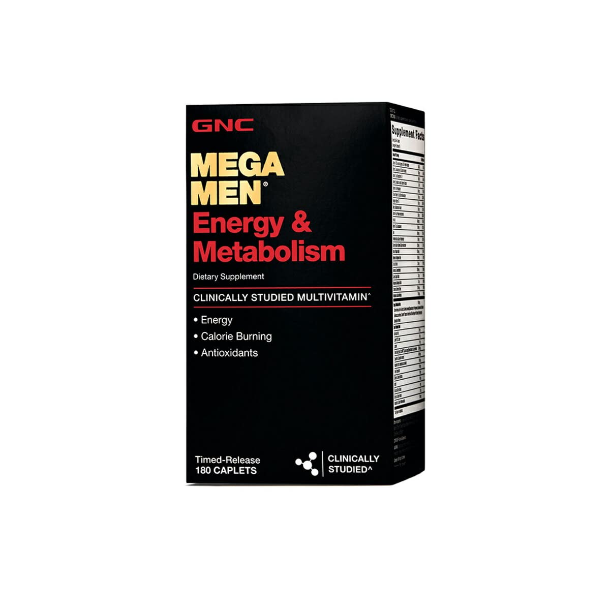 GNC Mega Men Energía y Metabolismo, botella, apoyo a la energía diaria y metabolismo.