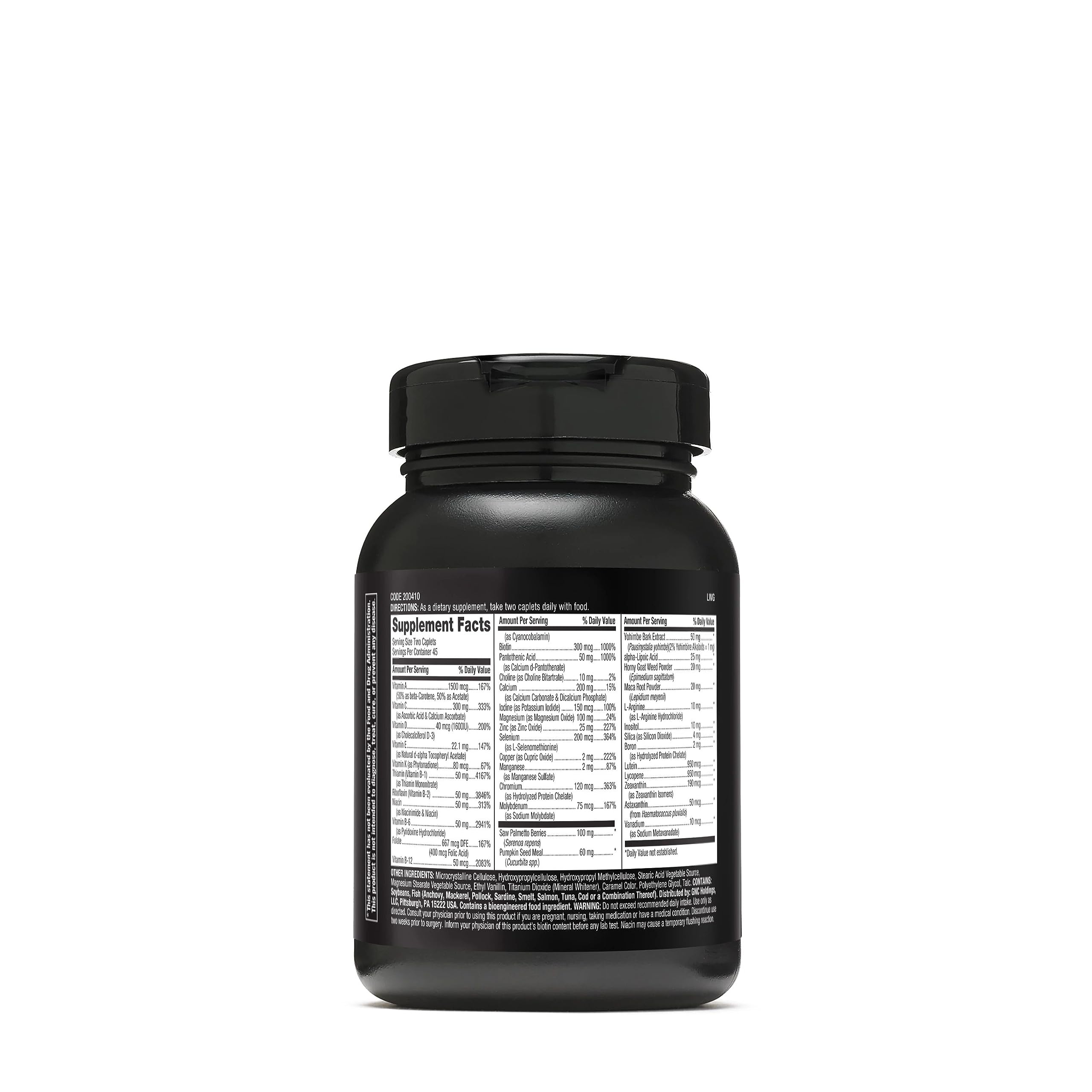 GNC Mega Men Prostate y Virility cápsulas dorso, etiqueta clara para dosis diarias