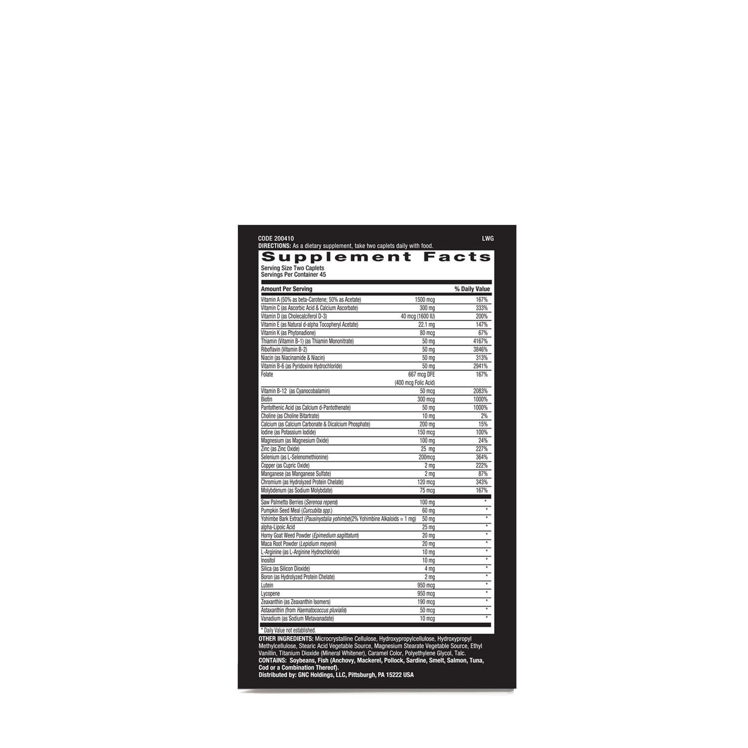 GNC Mega Men Prostate y Virility etiqueta detalle, lista de ingredientes clave para usuarios