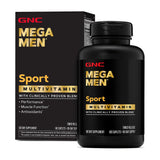 GNC Mega Men Sport: botella frontal para energía diaria y soporte muscular.