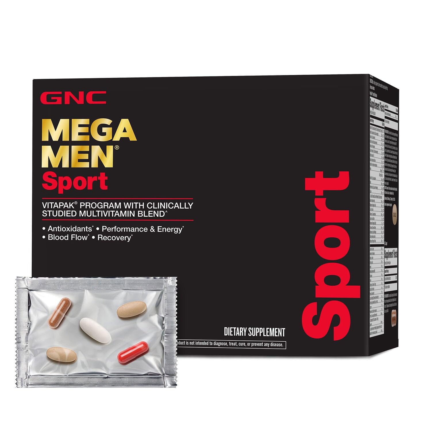 GNC Mega Men Sport Vitapak, frente del empaque, ideal para identificar la nutrición completa para energía diaria