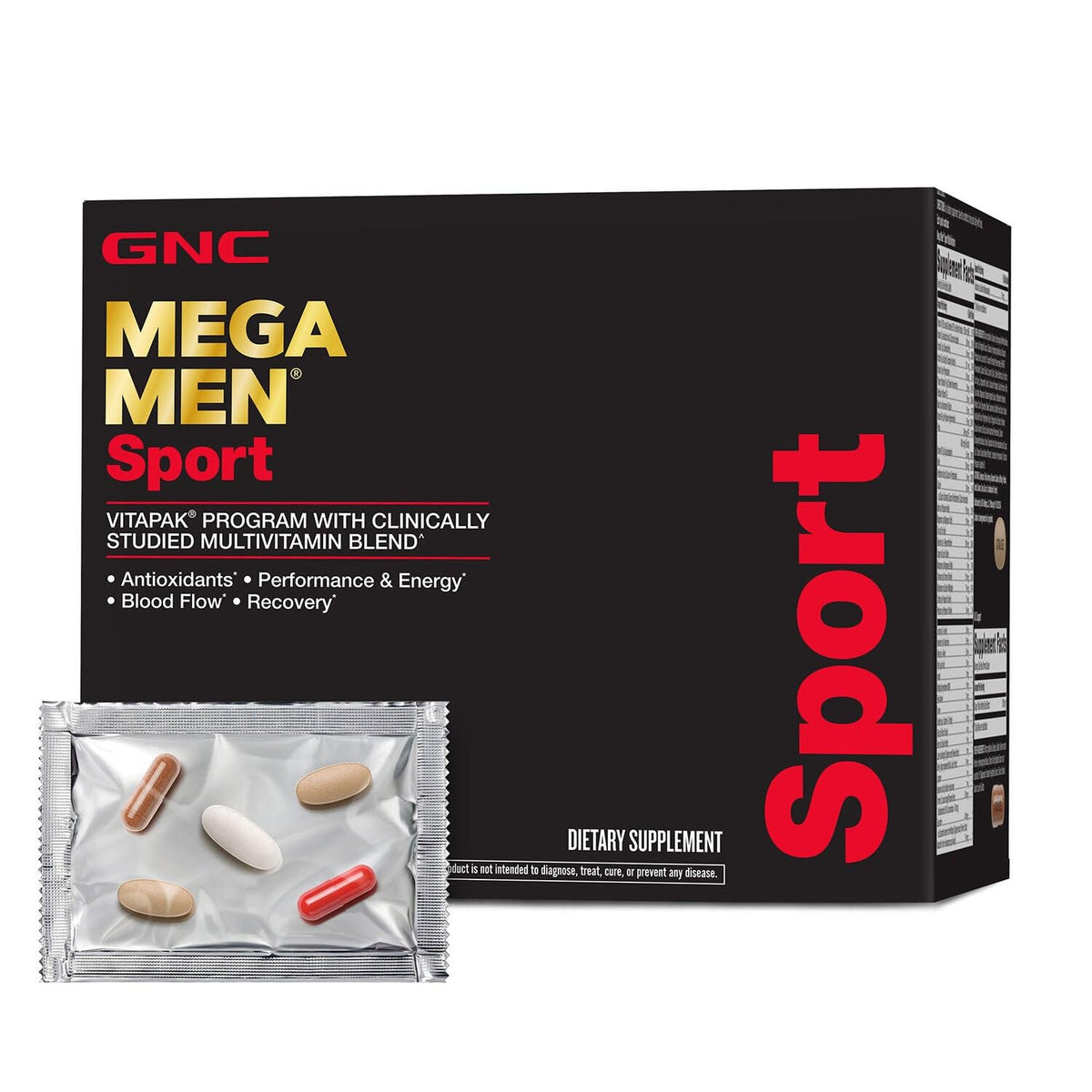GNC Mega Men Sport Vitapak, frente del empaque, ideal para identificar la nutrición completa para energía diaria