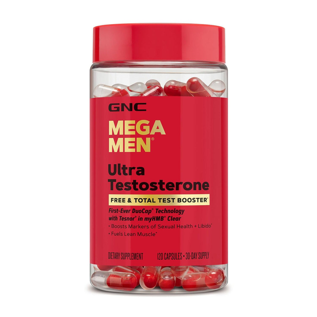GNC Mega Men Ultra Testosterona: botella visible, posible apoyo a la energía diaria.