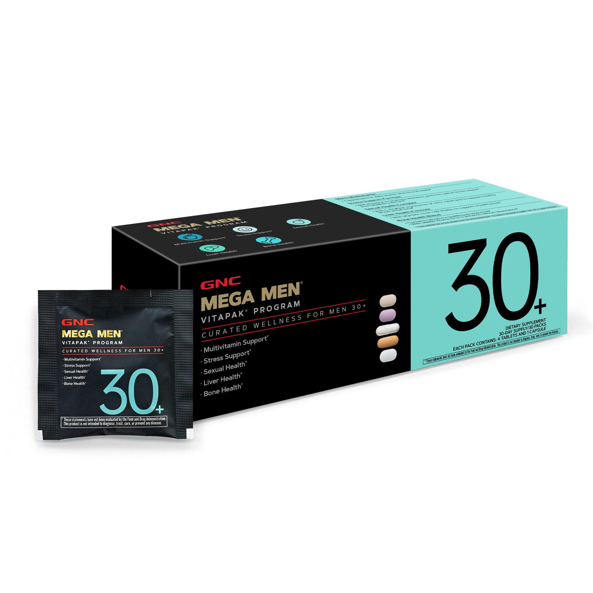 GNC Men’s 30+ Vitapak: botella visible para apoyo diario de vitaminas