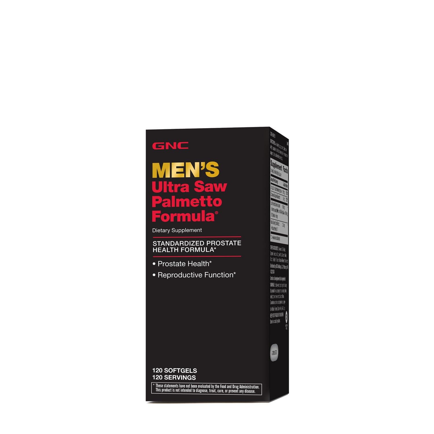GNC Men's Ultra Saw Palmetto, botella, apoyo a la salud prostática y flujo urinario.