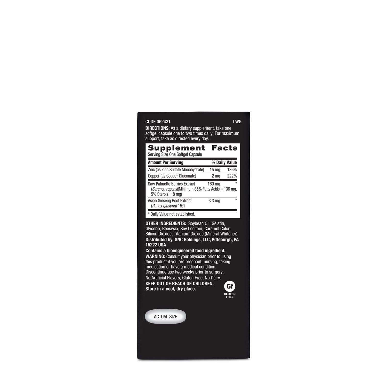 GNC Men's Ultra Saw Palmetto, embalaje, presentación de 120 cápsulas suaves.