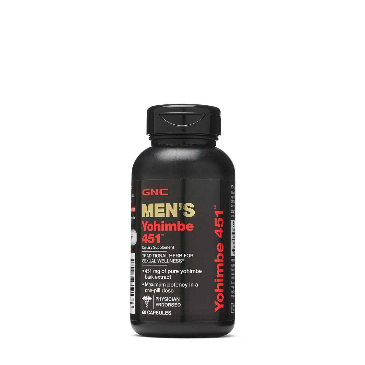 GNC Yohimbe 451, etiqueta de la botella, resalta pureza y calidad del producto