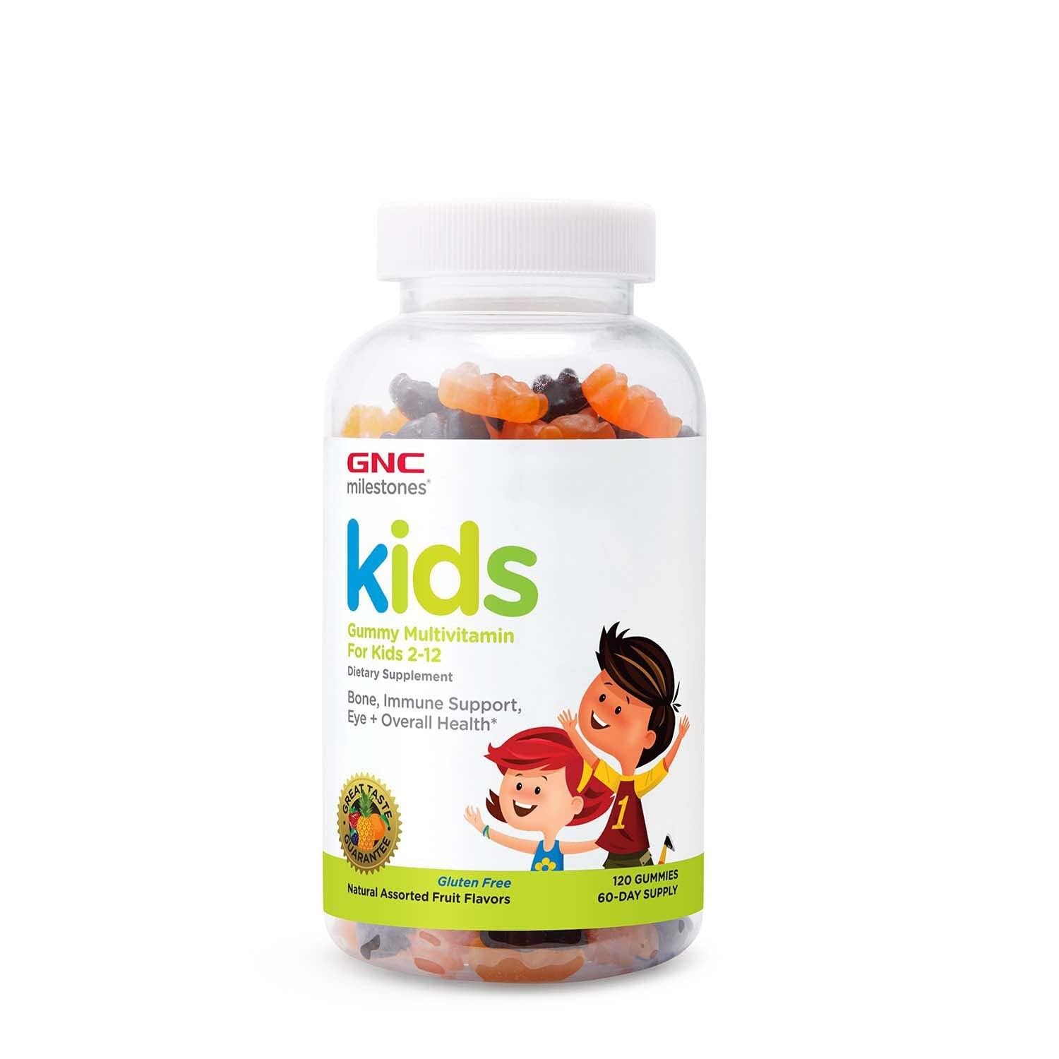 GNC Milestones Kids Gummy Multivitamin, empaque frontal, apoyo al desarrollo diario de los niños.