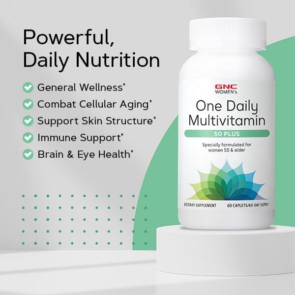 Caja del producto GNC Mujeres 50+ Una Diaria Multivitamínico con beneficios visibles