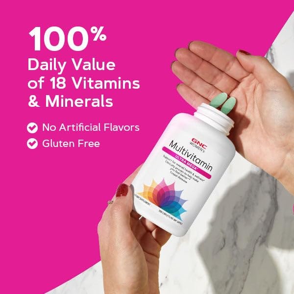 GNC Women’s Ultra Mega Comprimidos: etiqueta ampliada, vitaminas A, B, C, D y hierro en foco