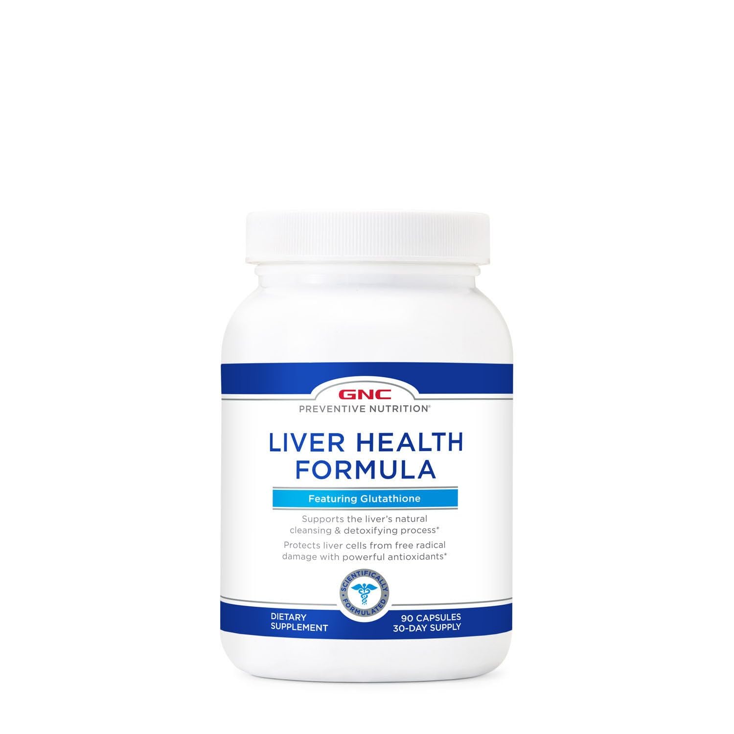 GNC Nutrición preventiva para el hígado, cápsulas en frasco, posible apoyo al detox natural.