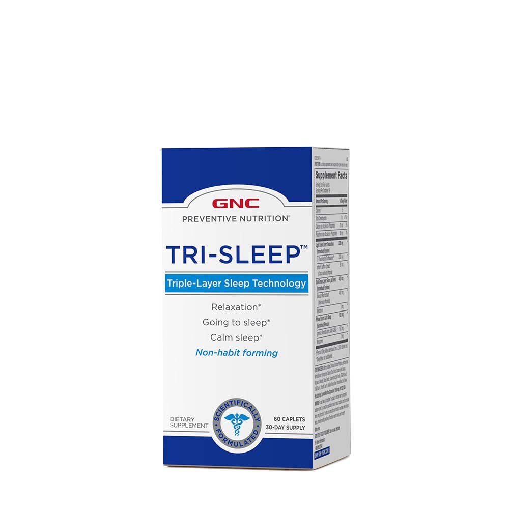 GNC Tri-Sleep: botella mostrando caplets para descanso calmado y relajación