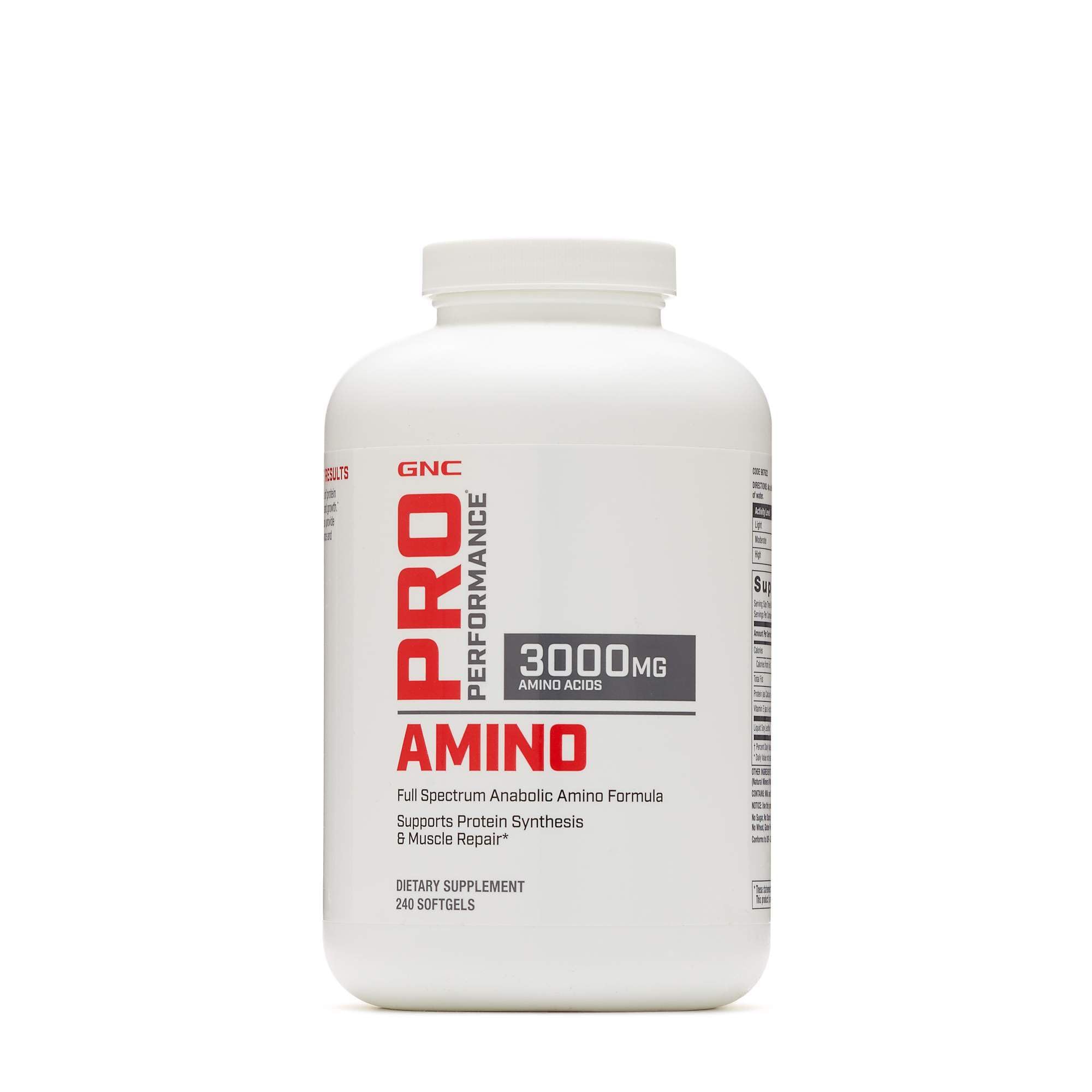 GNC Pro Performance Amino 3000 cápsulas blandas en botella, favorecen la síntesis de proteína