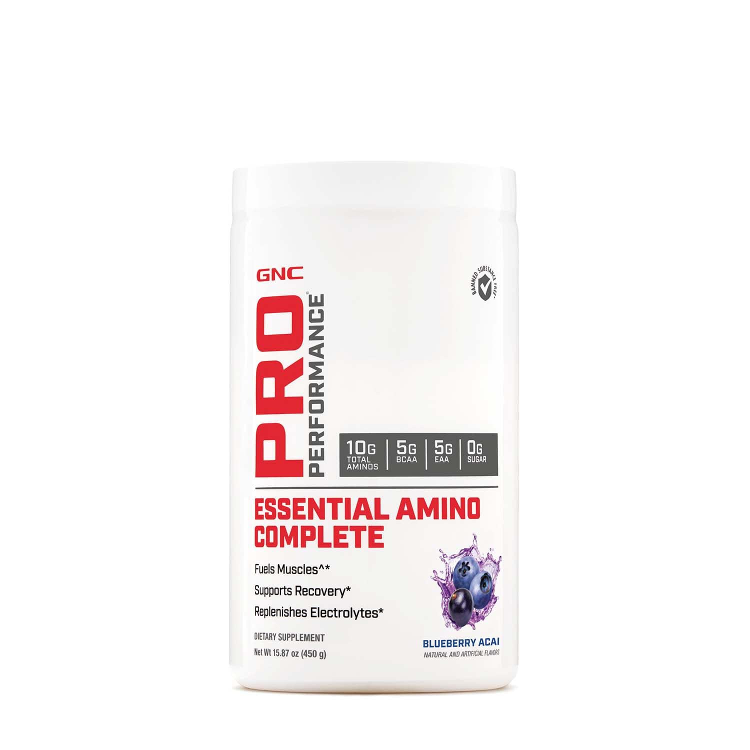 GNC Pro Performance Amino Completo, botella azul, ideal para hidratación durante entrenamientos.