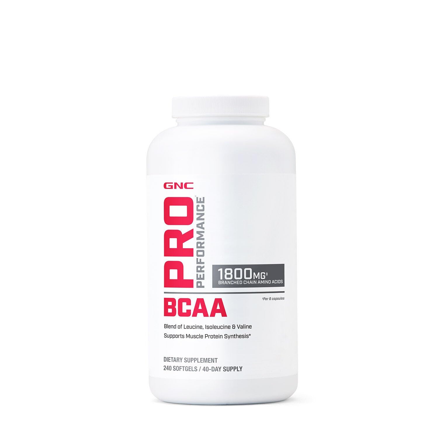 GNC Pro Performance BCAA cápsulas blandas para entrenamiento, apoyo rápido.