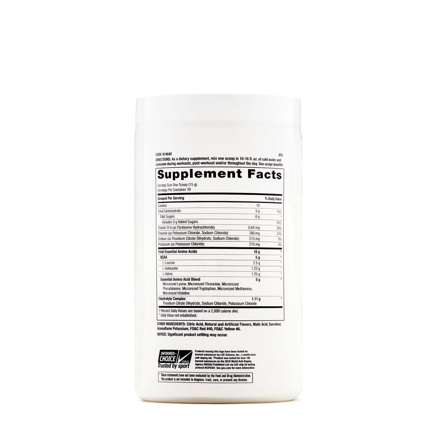 GNC Pro Performance Essential Amino Complete, etiqueta en primer plano destacando aminoácidos.