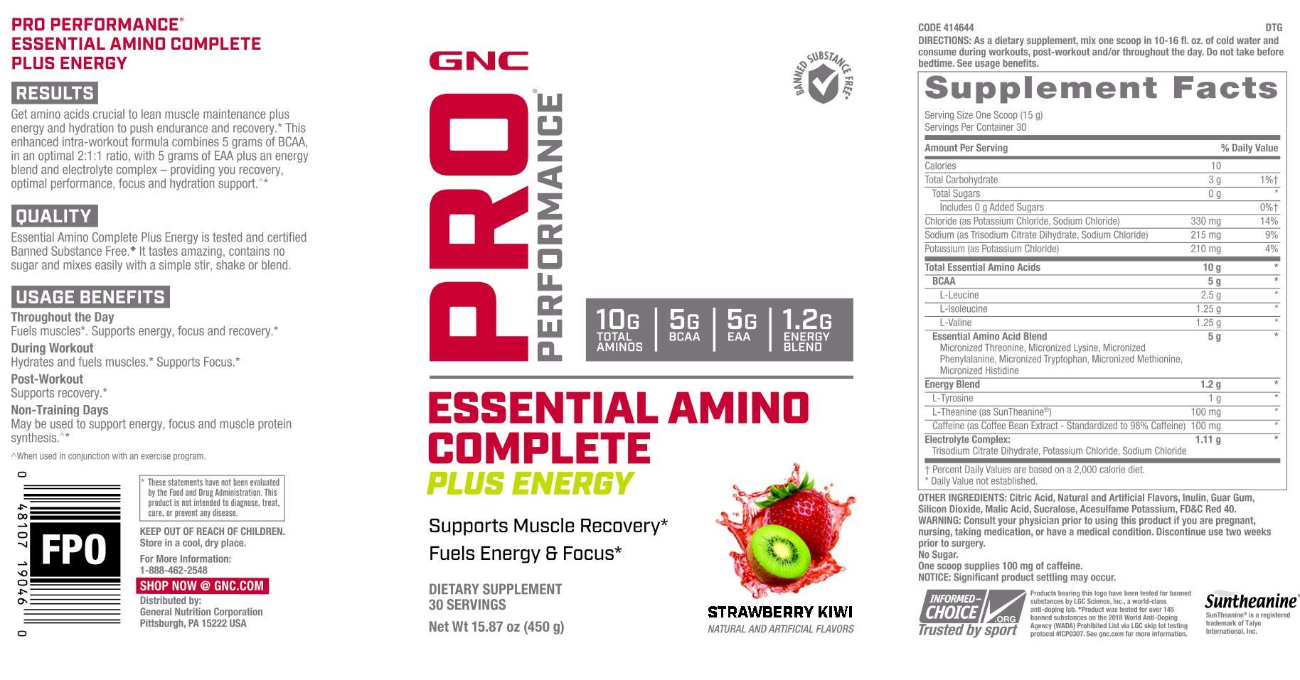 GNC Pro Performance Essential Amino Complete Plus Energy, mezcla en taza, potencia energía y concentración