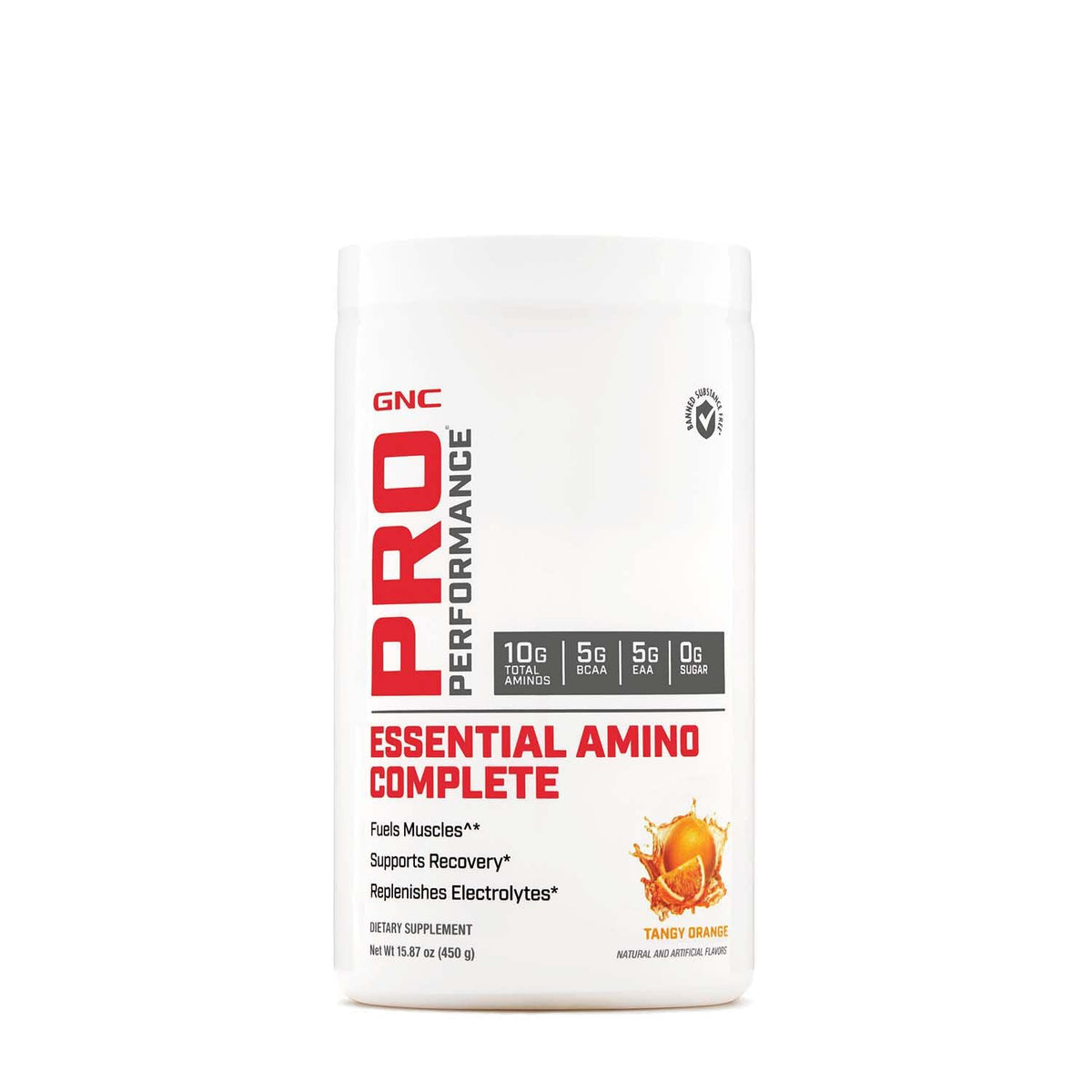 GNC Pro Performance Essential Amino Complete, botella sabor naranja agrio para hidratación durante entrenamientos.