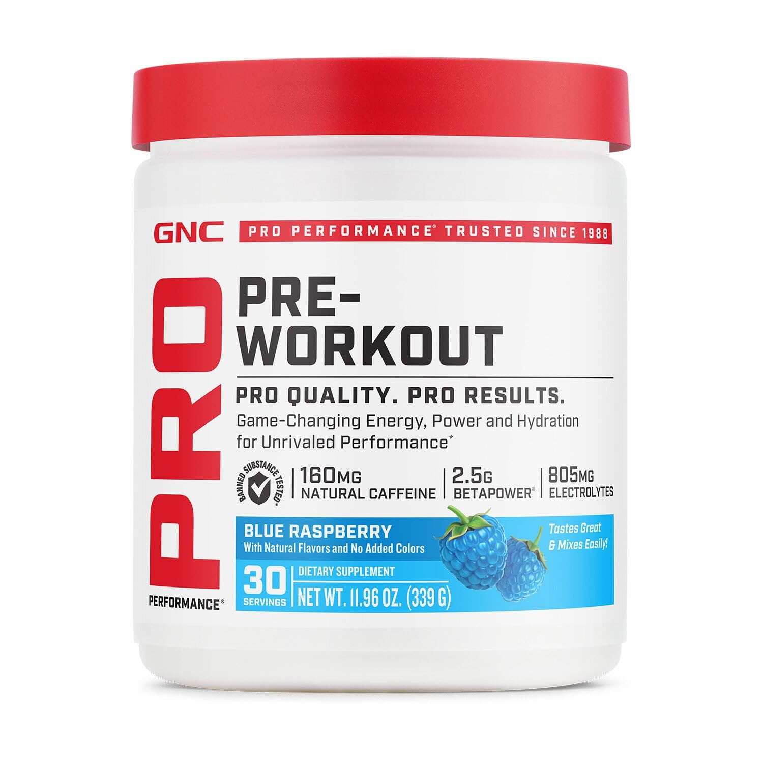 GNC Pro Performance Pre-Entrenamiento, envase azul, ofrece energía sostenida para entrenamientos intensos.