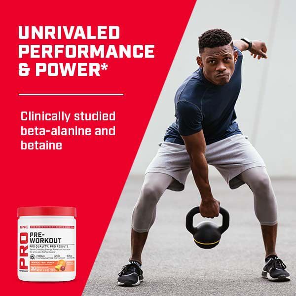 GNC Pro Performance Pre-Entrenamiento, etiqueta de ingredientes, destacan beta-alanina y citrulina para rendimiento.