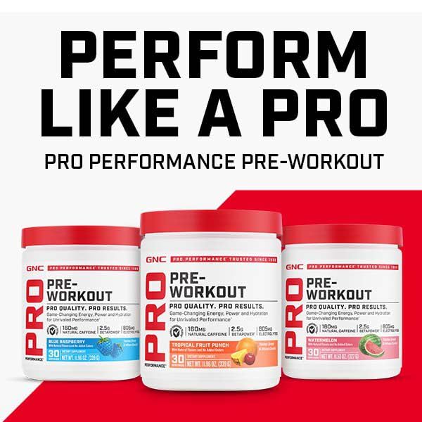 GNC Pro Performance Pre-Entrenamiento, polvo azul, prepara una bebida lista para entrenar.