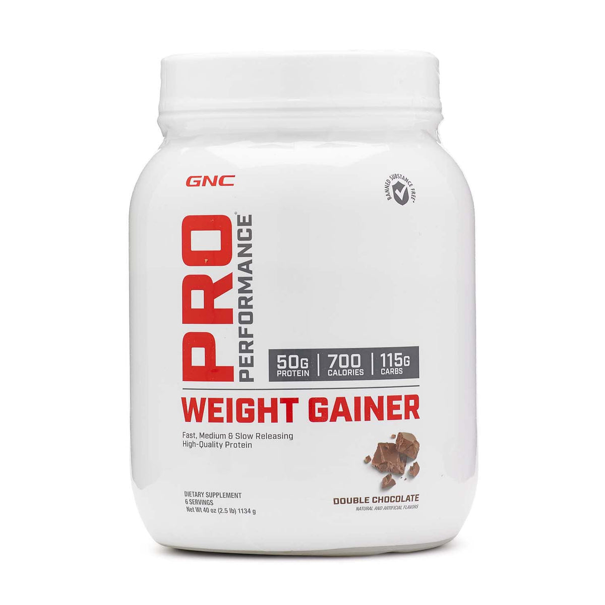 GNC Pro Performance Weight Gainer Chocolate Doble en envase para uso diario.