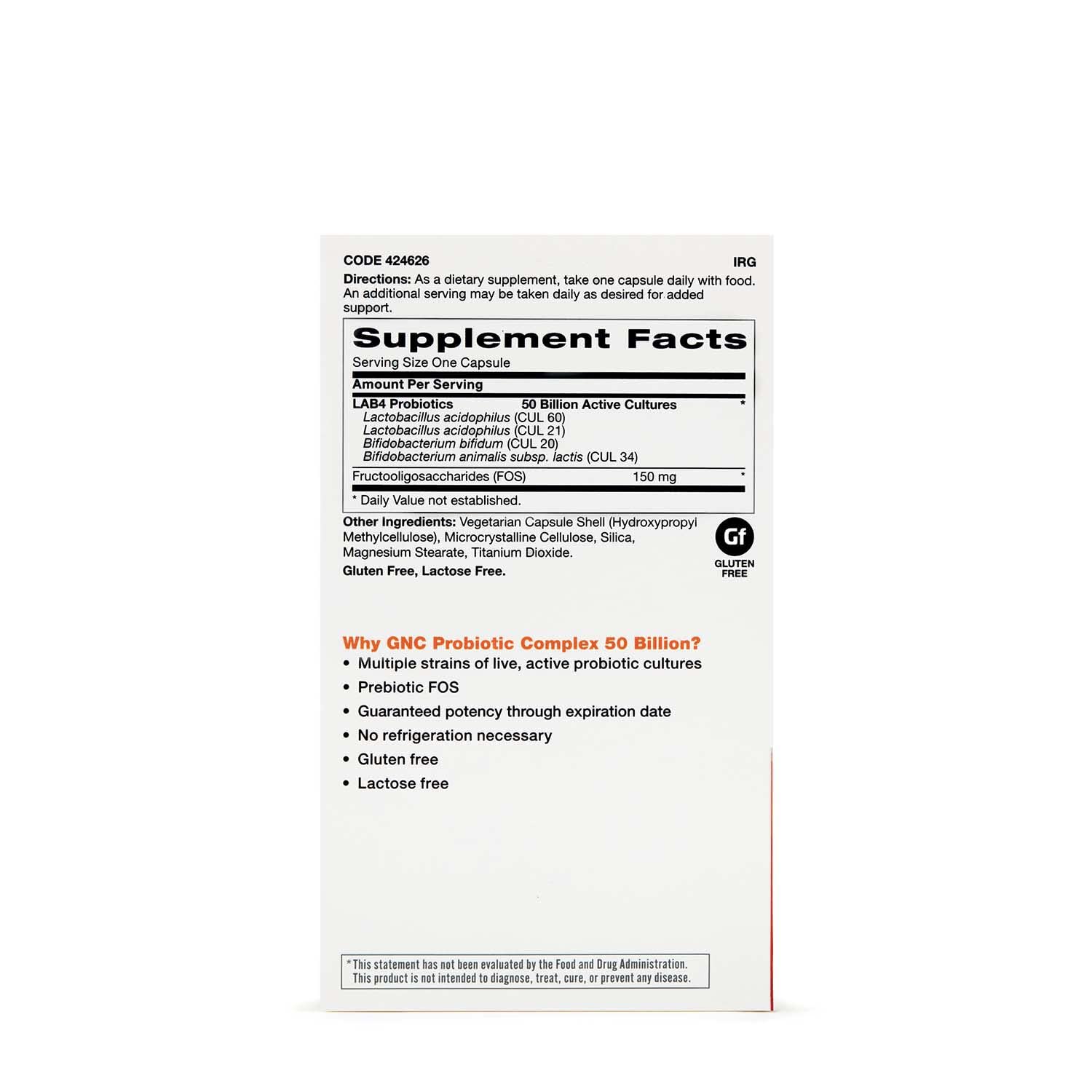 GNC Probiotic Complex cápsulas, dosis diaria para apoyo digestivo.