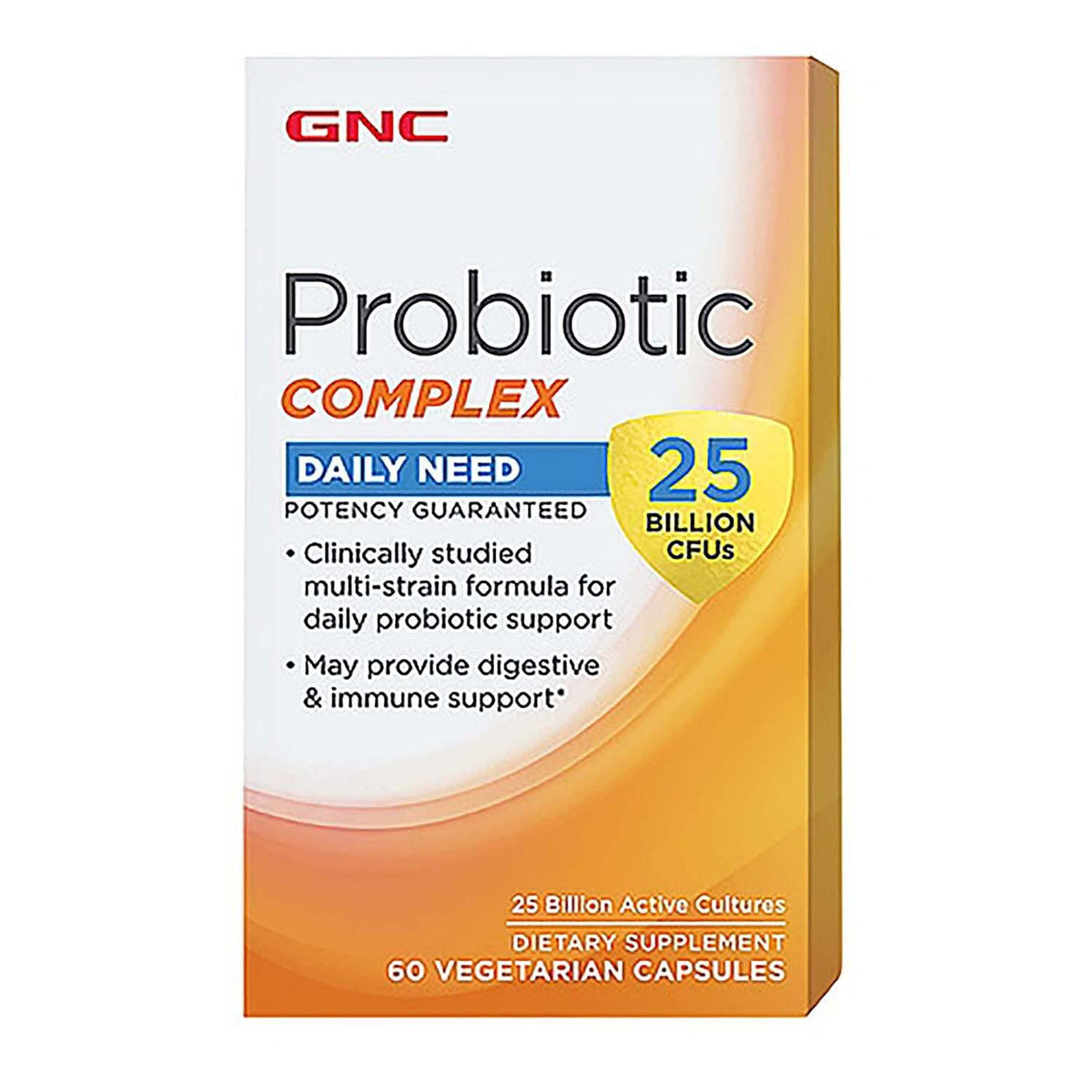 GNC Probiotic Complex: dosis diaria en el frasco para apoyo digestivo.