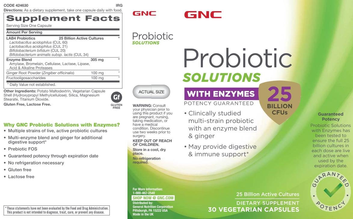 GNC Probiotic Solutions con enzimas, cápsulas visibles, uso diario y apoyo digestivo
