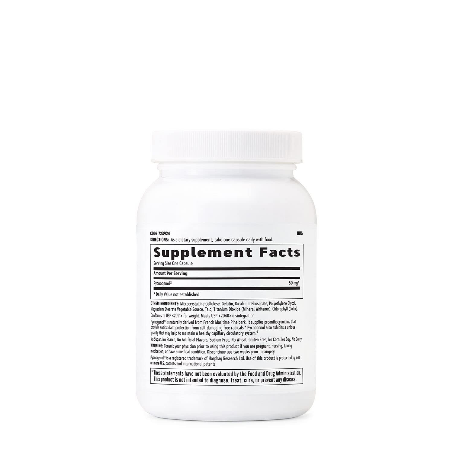 Etiqueta clara de Pycnogenol 50 mg y cápsulas fáciles de tragar