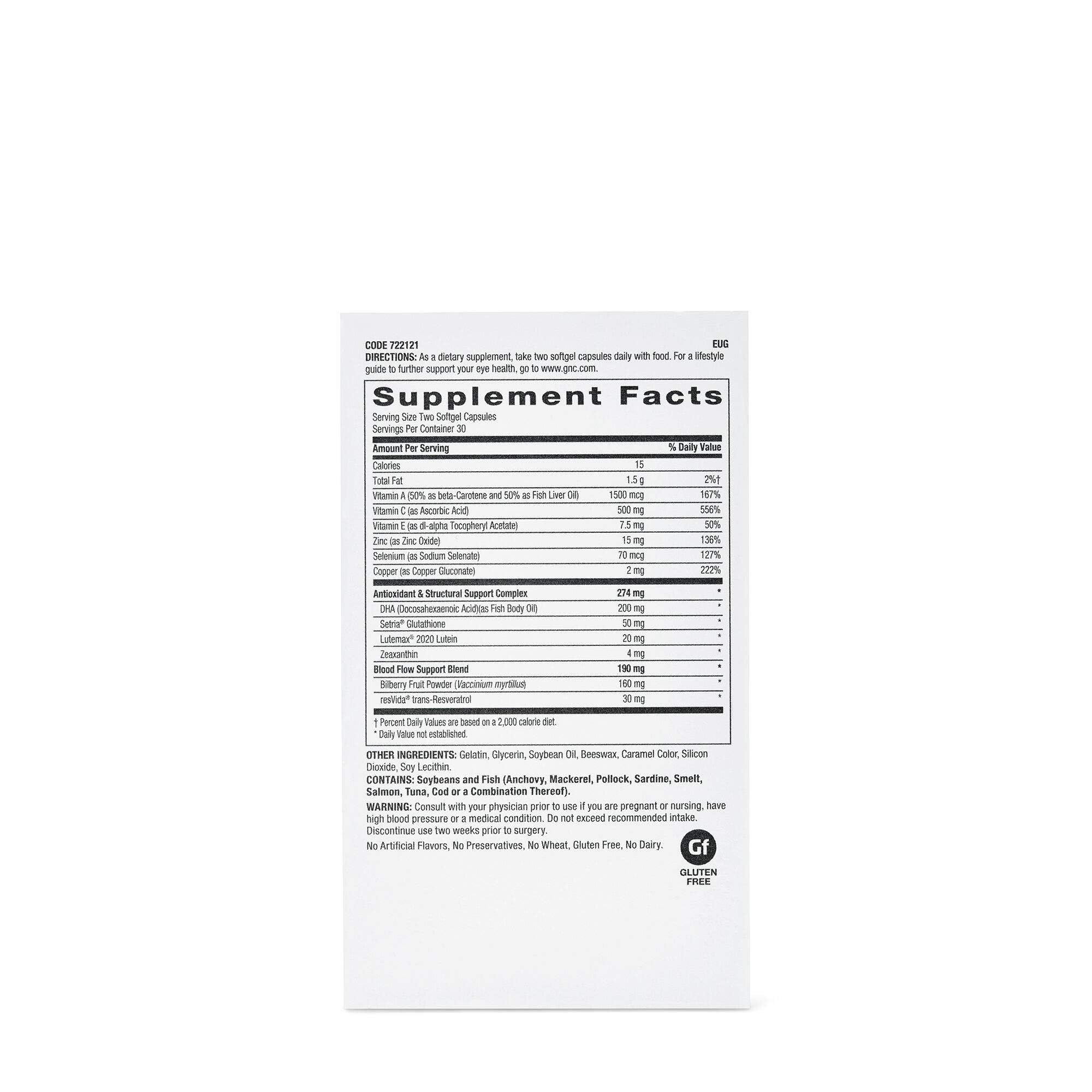 GNC Salud Ocular Formula: etiqueta clara para identificar nutrientes para ojos.