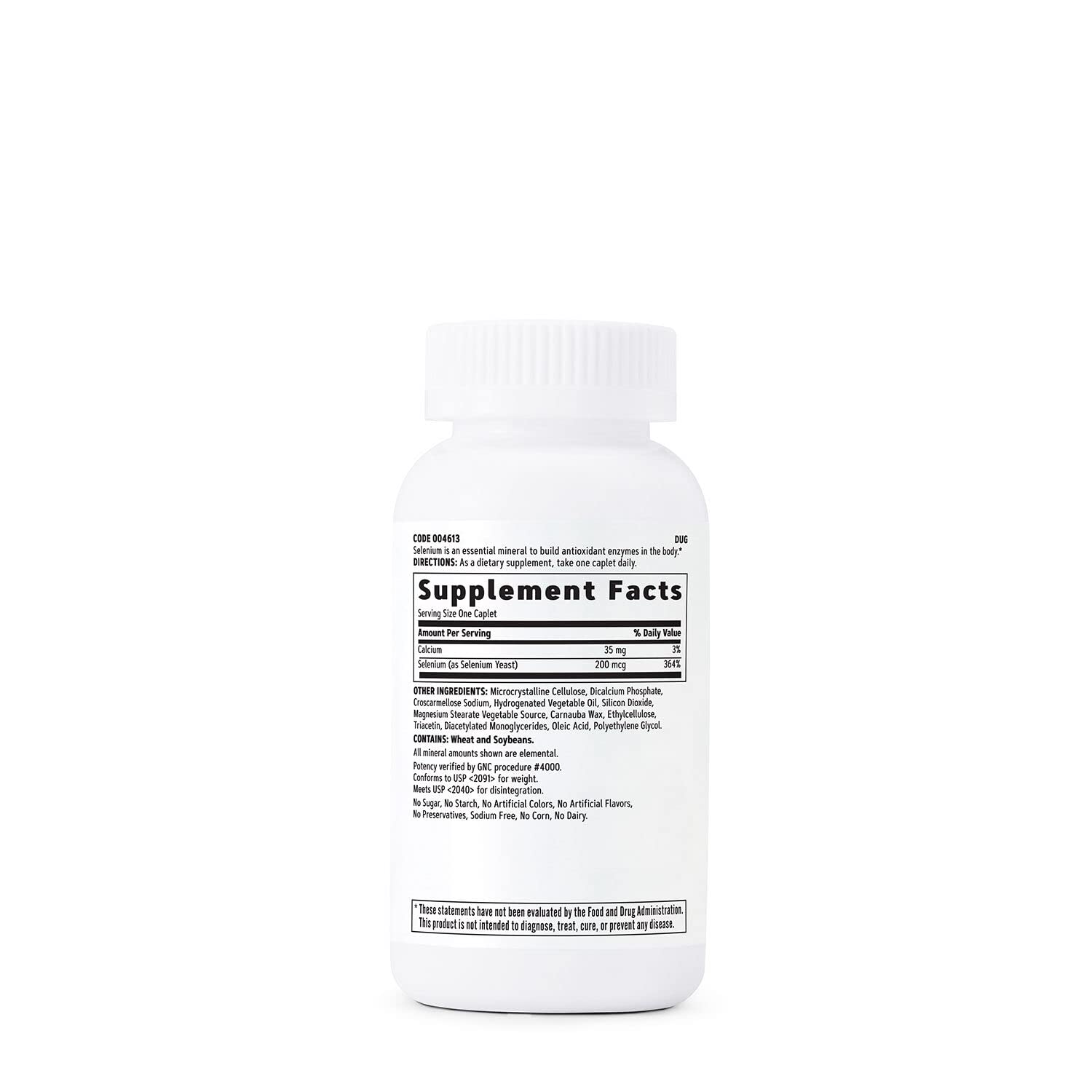 GNC selenio 200 mcg, etiqueta frontal, sin azúcares ni colorantes