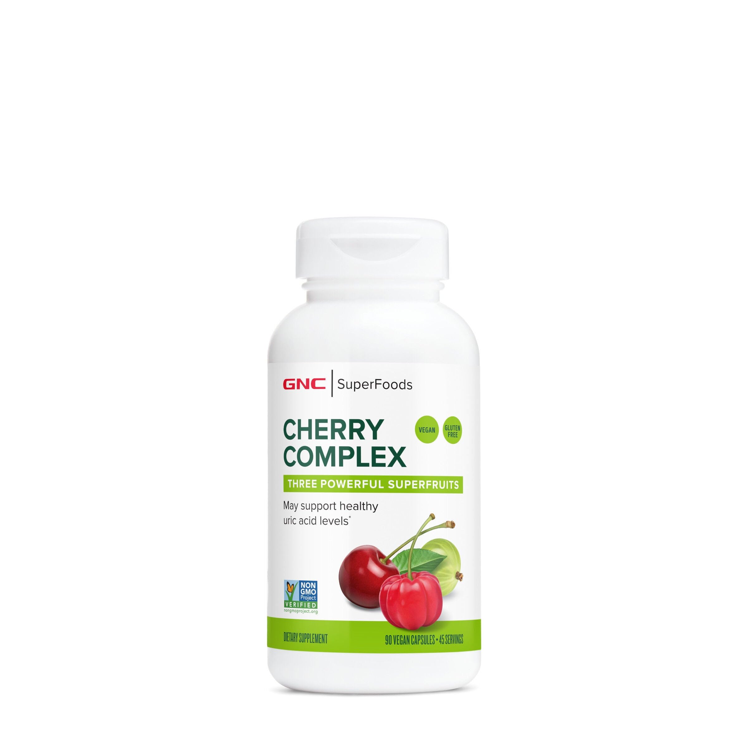 GNC SuperFoods Cherry Complex: botella de cápsulas veganas para bienestar diario.