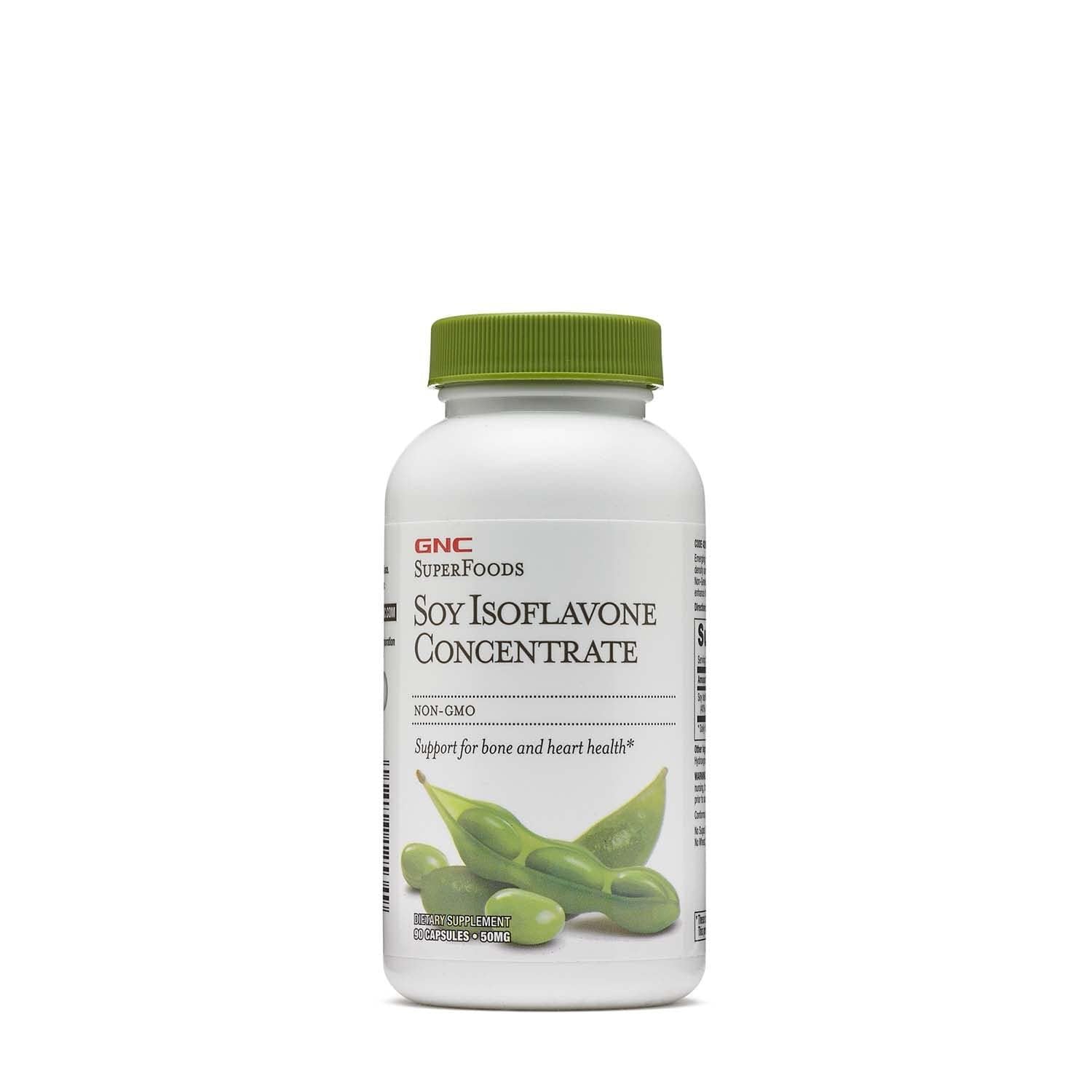 GNC SuperFoods Soy Isoflavone Concentrate, botella frontal, apoyo a la salud ósea.